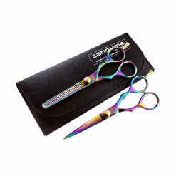 Professional Hairdressing Scissors Set, Japanese-Style Hair Cutting and Thinning Scissors with Multi-Colour Accents, Silver, 5.5", Presentation Case and Protective Cover Included