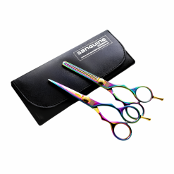 Alternative view of Professional Hairdressing Scissors Set, Japanese-Style Hair Cutting and Thinning Scissors with Multi-Colour Accents, Silver, 5.5", Presentation Case and Protective Cover Included