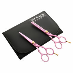 Professional Hairdressing Scissors Set, Japanese-Style Hair Cutting and Thinning Scissors for Wet or Dry Hair, Pink, 5.5", Presentation Case and Protective Cover Included