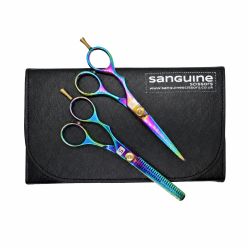 Left-Handed Professional Hairdressing Scissors Set, Japanese-Style Hair Cutting and Thinning Scissors with Multi-Colour Accents, 5.5", Presentation Case and Protective Cover Included