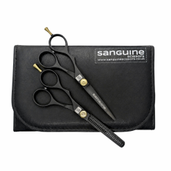Left-Handed Professional Hairdressing Scissors Set, Japanese-Style Hair Cutting and Thinning Scissors for Wet or Dry Hair, Black, 5.5", Presentation Case and Protective Cover Included