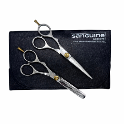 Left-Handed Professional Hairdressing Scissors Set, Japanese-Style Hair Cutting and Thinning Scissors for Wet or Dry Hair, Silver, 5.5", Presentation Case and Protective Cover Included